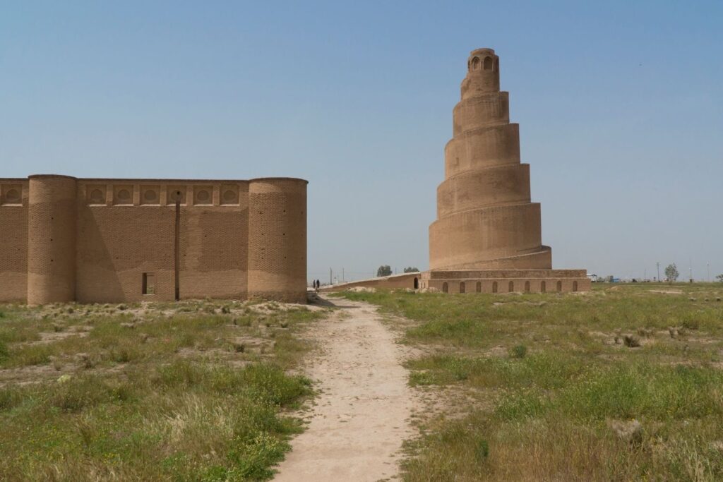 View of the Great Mosque of Samarra and its iconic Spiral Minaret, a UNESCO World Heritage Site in Iraq.